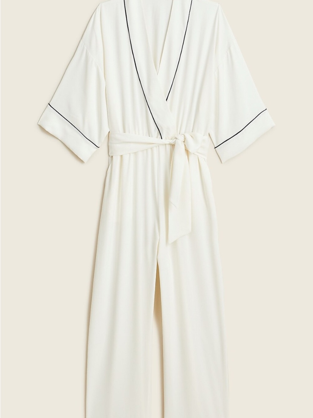 J Crew Women's Cream Satin Robe Jumpsuit with Black Piping sleepwear